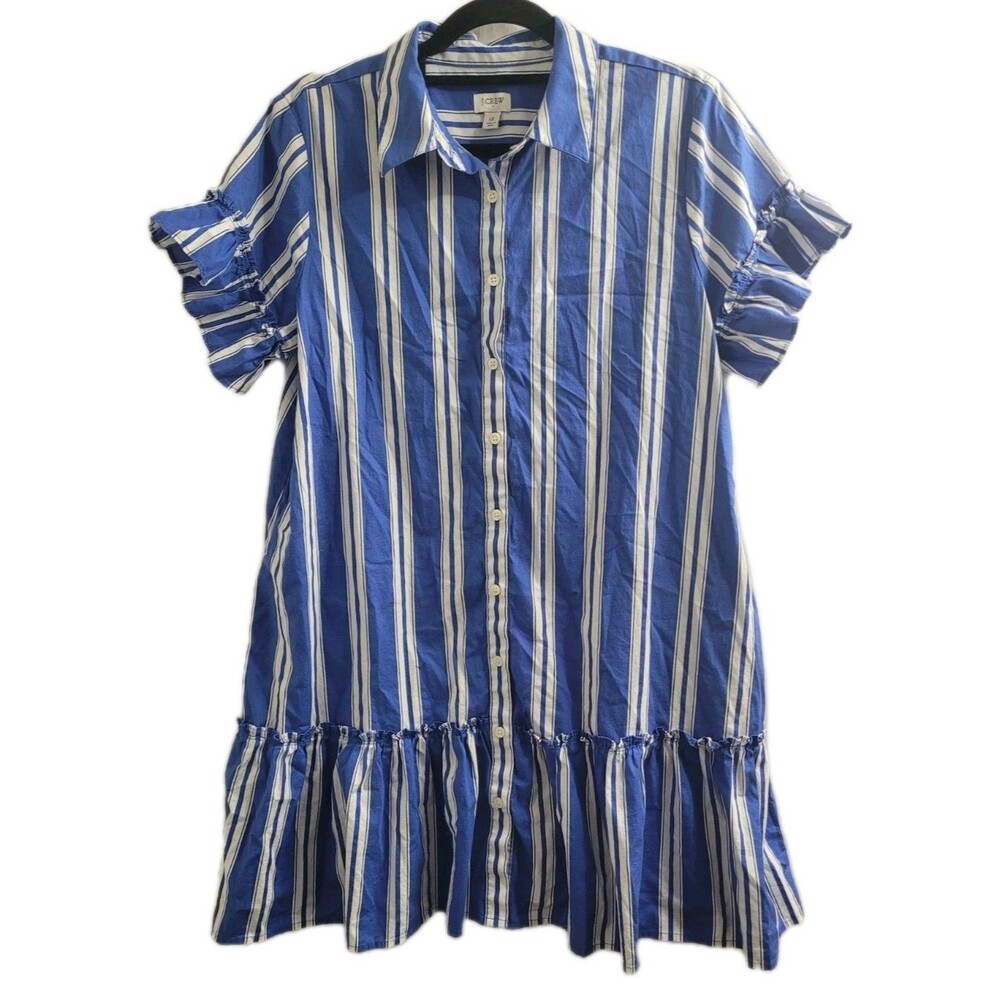 J.Crew Size 12 Blue White Striped Ruffle Sleeve Mini Shirt Dress Cotton SUM25